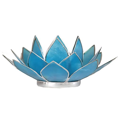 Lotus atmosfærisk lys 5. chakra blå med sølvfarget kant - Stor 13,5 cm.