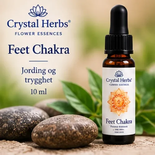 Feet Chakra – Crystal Herbs 10 ml blomsteressens, illustrasjon av slank dråpeflaske